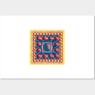 magic carpet style design blue yellow and red squared circle design Posters and Art